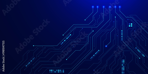 High tech circuit board vector background with electronic components. Futuristic computer motherboard design for high digital technology, connection and data.