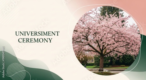 A beautiful flowering cherry tree with pink blossoms stands near a building. Graduates celebrate graduation day with a degree.