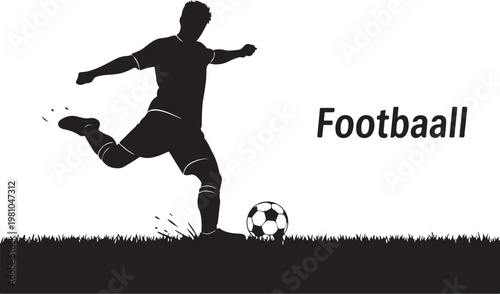 Black silhouette of soccer player kicking ball on grass