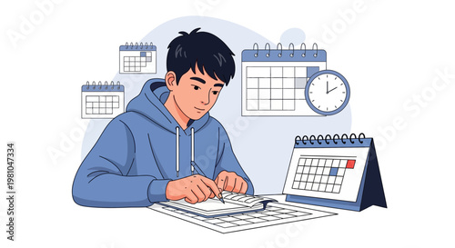 Student planning and time management with calendars and clock illustration