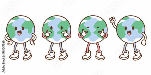 Four cartoon earth characters demonstrating see no evil hear no evil