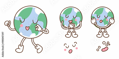 Three cartoon earth characters displaying different expressions and reactions