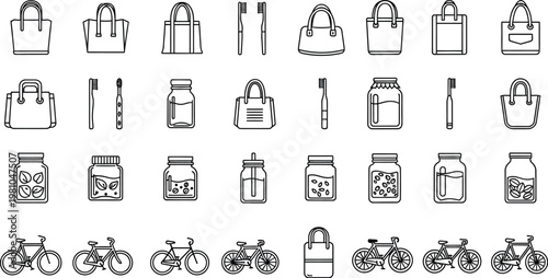 Bags, toothbrushes, and jars are arranged as a collection of everyday household items.