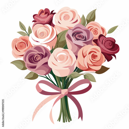Bouquet of mixed roses tied with silk ribbon, delicate petals, gentle studio lighting, premium floral arrangement, subtle elegance, commercial product style, isolated on white background