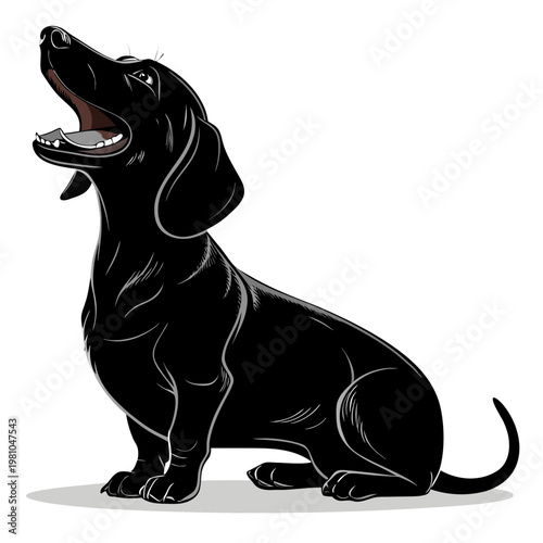 Dachshund dog silhouette yawning and relaxed in minimalist vector style isolated on white background