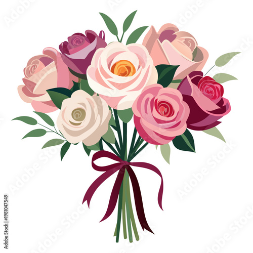 Bouquet of mixed roses tied with silk ribbon, delicate petals, gentle studio lighting, premium floral arrangement, subtle elegance, commercial product style, isolated on white background