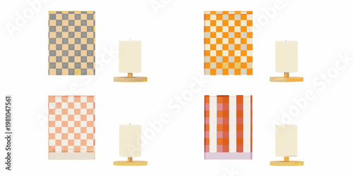 Patterned backdrops with white candles on golden stands studio shot