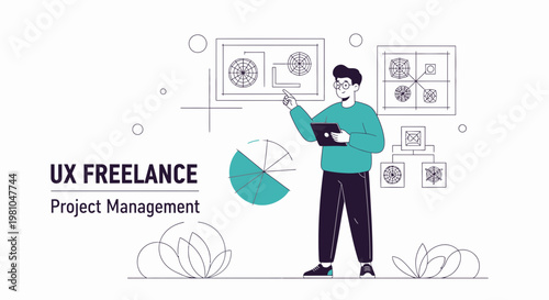 UX Freelance Project Management: Man with tablet analyzing charts and diagrams