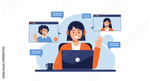 Video Call Support: Customer service team collaborating online with headsets and laptops