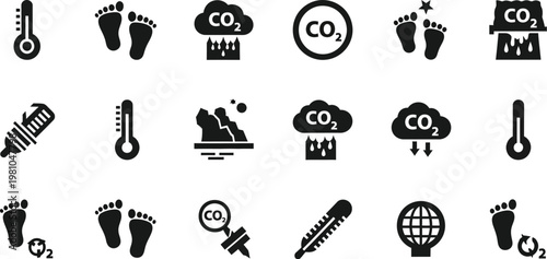Carbon footprint icons alongside thermometers and CO2 emission clouds visualize climate change data and global warming environmental metrics.