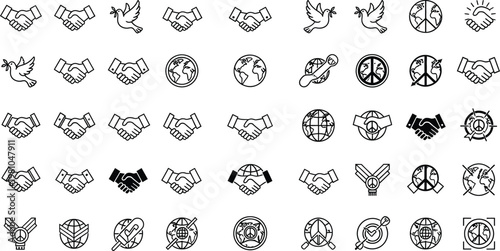 Handshake icons paired with peace doves and globe symbols represent international diplomacy, global cooperation, and peaceful business partnerships.