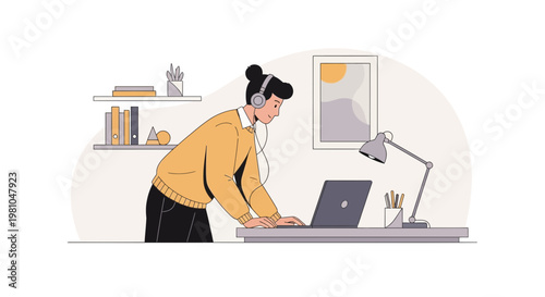 Woman working on laptop with headphones, modern home office setup, illustration
