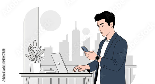 Young businessman working on laptop and phone in modern office with city view
