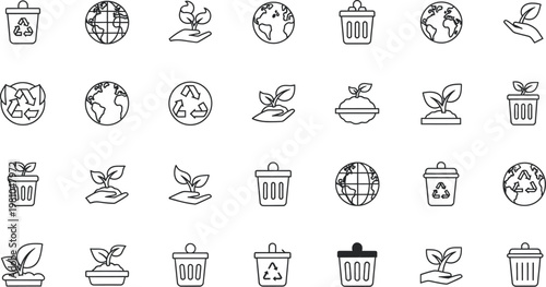 Recycling bin symbols combined with earth globes and hand-held seedlings illustrate global environmental sustainability and ecological conservation efforts.