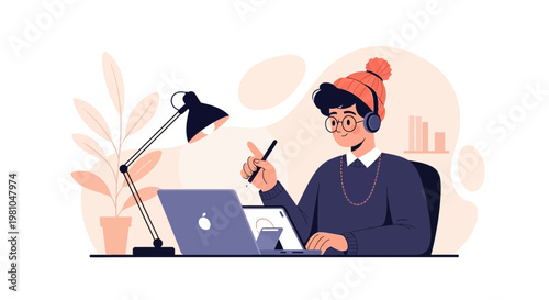 Young designer working on laptop with headphones and stylus, modern workspace illustration