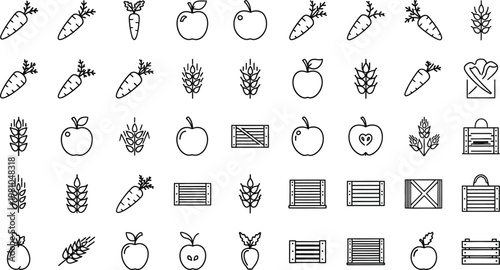 Fresh produce and agricultural harvest symbols illustrate fruits, vegetables, and grains in a consistent linear design.