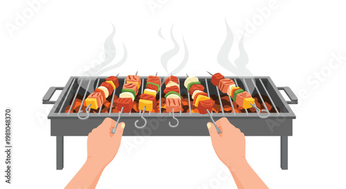 A first-person perspective shows two hands holding metal skewers over a charcoal grill where wisps of smoke rise from various meat and vegetable kebabs.