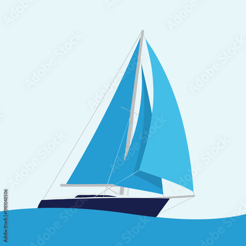 Elegant Sailing Boat with Blue Sails on Calm Water Relaxing Nautical Scene