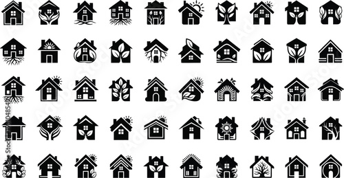 Houses integrated with nature and leaf motifs are presented as a grid of solid black silhouettes.