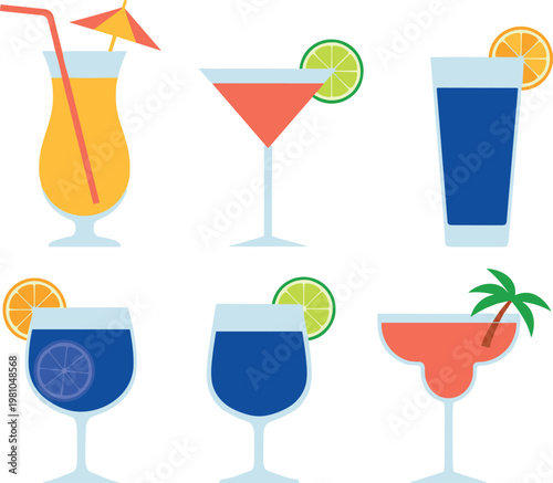 Cocktail Glass Set with Tropical Drinks, Colorful Beverages, and Citrus Garnishes for Summer, Bar, and Party Themes in Digital Design