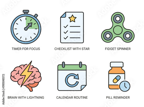 ADHD Management Tools Icon Set: Focus Timer, Checklist, Fidget Spinner, Brain, Calendar, and Pill Reminder
