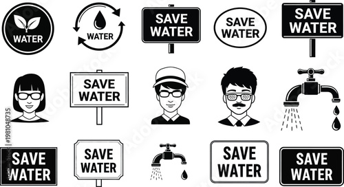 Signs and symbols conveying the importance of water conservation are displayed as a set of black icons.