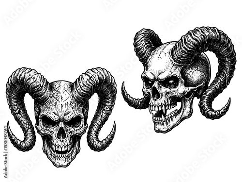 Demonic Skull Horns Engraving Art