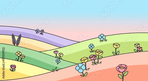 Colorful flowers on green hillside landscape.