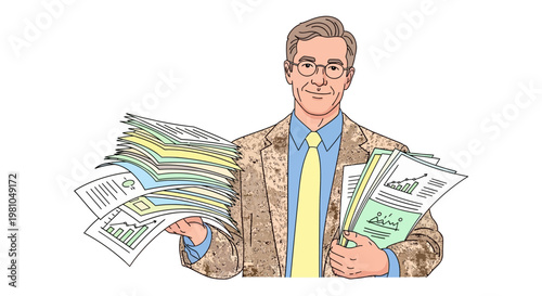 Businessman holding many newspapers and money.