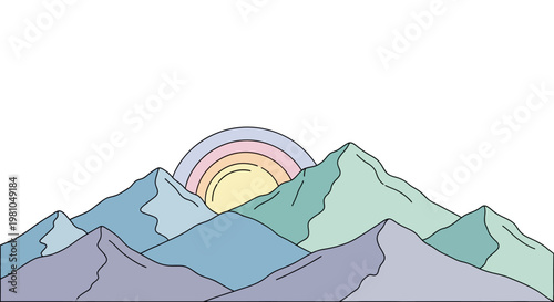 Colorful mountain range landscape with sun.