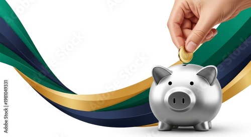 Hand inserting coin into silver piggy bank with abstract flowing background