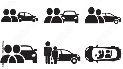 Car Share Symbol With Two People and One Vehicle — Minimal Black-and-White Solid Silhouette, Flat Vector, Isolated On White