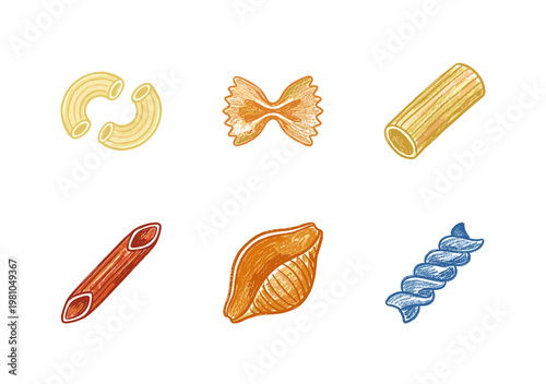 Dry Italian Pasta Varieties and Durum Wheat Shapes in Crayon Colorful Style with Fluid Crayon Pencil Texture