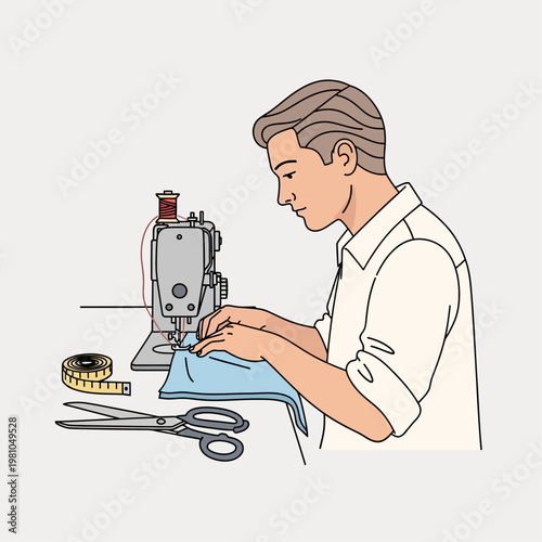 Man working on fabric with sewing machine.