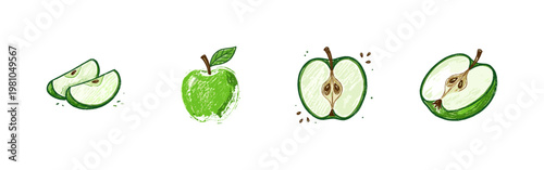 Green Apple Fruit and Botanical Leaf Sprigs with Crayon Colorful Style in Watercolor and Fluid Crayon Pencil Texture.