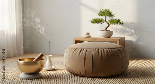 A serene meditation space featuring a beige zafu cushion, a golden singing bowl, burning incense, and a bonsai tree on a wooden table, bathed in soft sunlight.