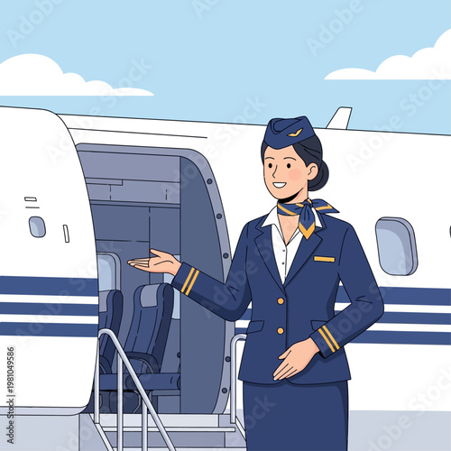 Airline flight attendant greeting passengers on airplane.