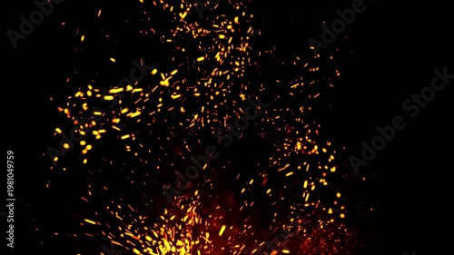 Flying sparks and glowing embers on dark background, seamless loop animation of fire particles, dramatic abstract energy effect, cinematic motion scene