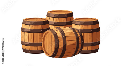 Four classic wooden wine barrels with dark iron hoops are clustered together against a white background with one barrel resting horizontally in the foreground.