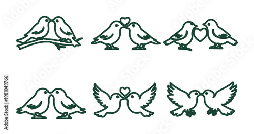 Set of 6 Green Line Art Couple Love Bird Icons Vector