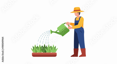 Vector illustration of a gardener in overalls wearing a hat watering plants in a planter bed