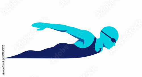 Vector illustration of a streamlined swimmer in motion wearing a swim cap and goggles in blue