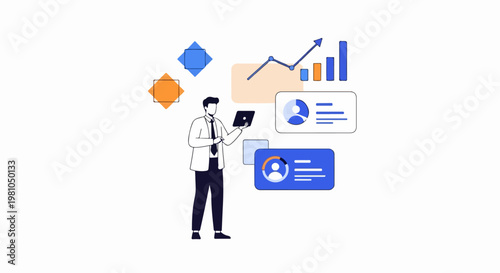 Vector illustration of a business analyst presenting data dashboards with charts and profiles