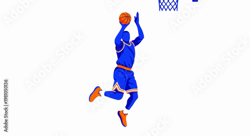 Dynamic blue basketball player vector performing a dramatic slam dunk with orange accents