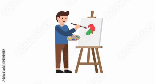 Vector illustration of a painter with palette painting on easel a colorful abstract bird design