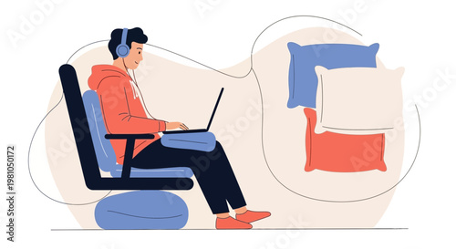 Young man with headphones working on laptop, dreaming of comfort and rest
