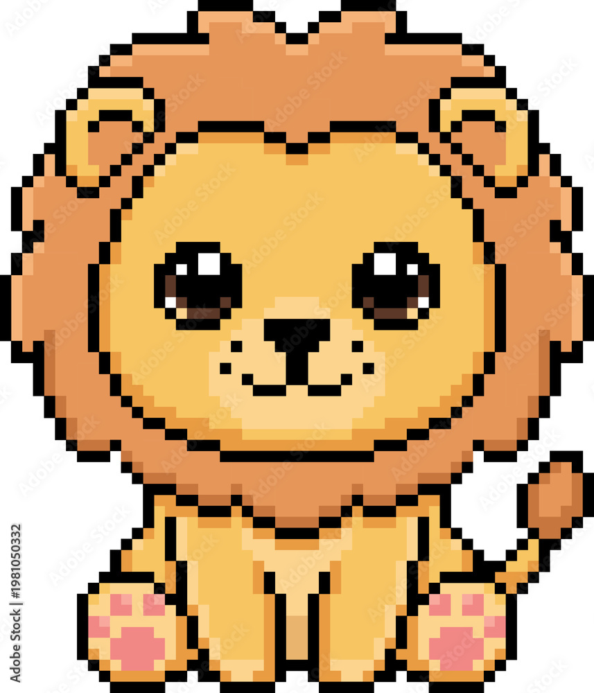 Obraz premium Cute lion cub pixel art character sitting safari animal illustration