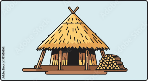 Illustrated wooden hut with a thatched roof against a light blue backdrop