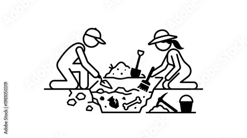 Archaeologists Digging in Excavation Pit Icon