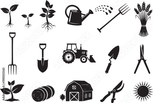 Black and white gardening tools and farm equipment tractor